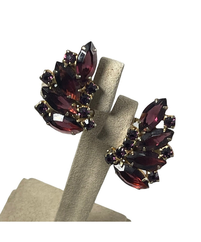 Vintage purple crystal fancy party gala wedding earrings clip on