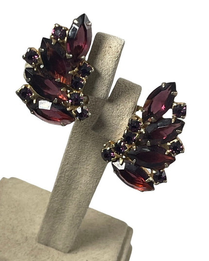 Vintage purple crystal fancy party gala wedding earrings clip on