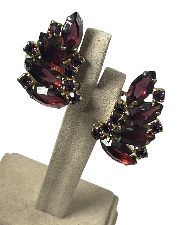 Vintage purple crystal fancy party gala wedding earrings clip on