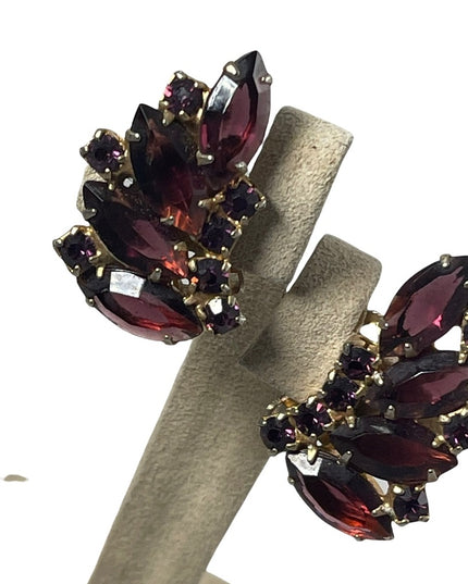 Vintage purple crystal fancy party gala wedding earrings clip on