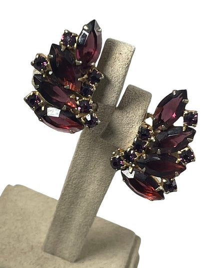 Vintage purple crystal fancy party gala wedding earrings clip on