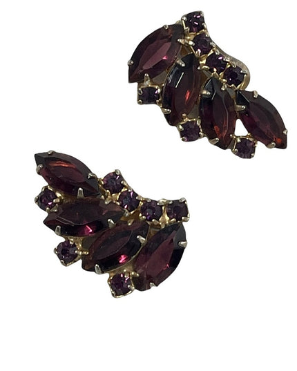 Vintage purple crystal fancy party gala wedding earrings clip on