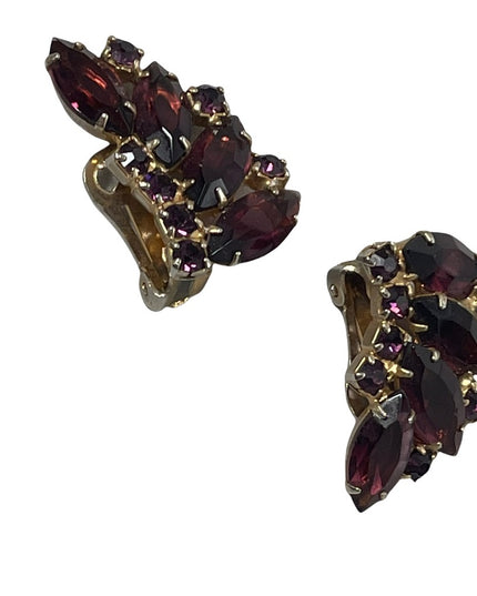 Vintage purple crystal fancy party gala wedding earrings clip on