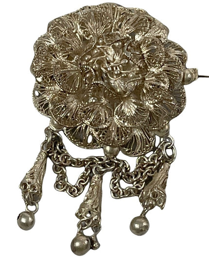 Antique silver filagree dangle flower chunky large brooch