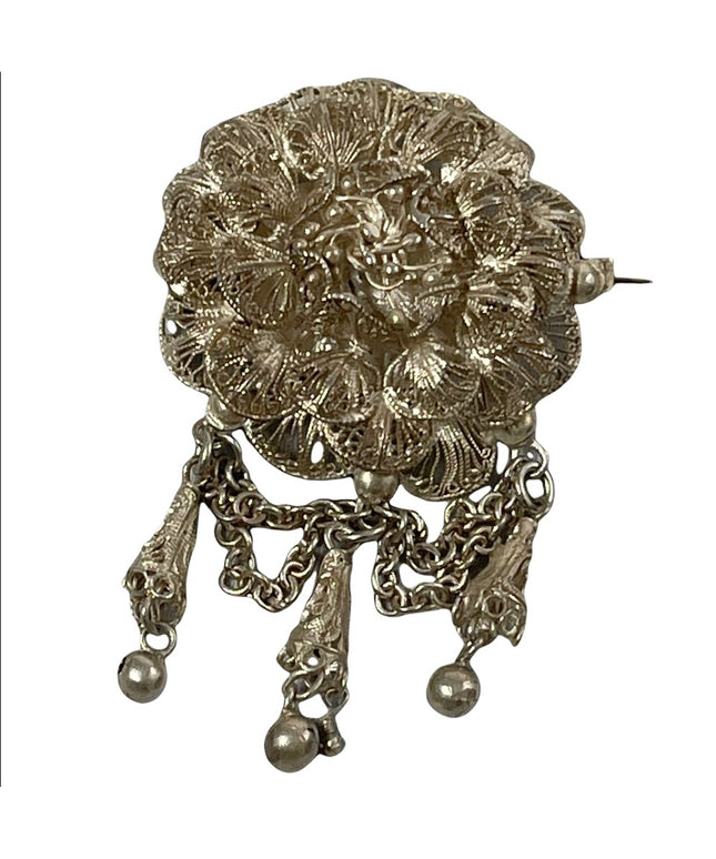 Antique silver filagree dangle flower chunky large brooch