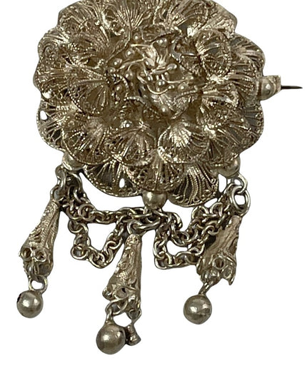 Antique silver filagree dangle flower chunky large brooch