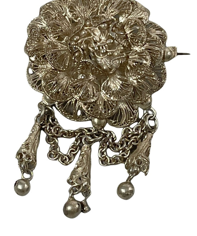 Antique silver filagree dangle flower chunky large brooch