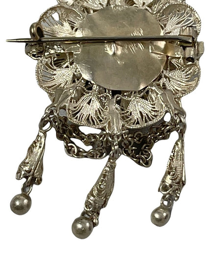 Antique silver filagree dangle flower chunky large brooch