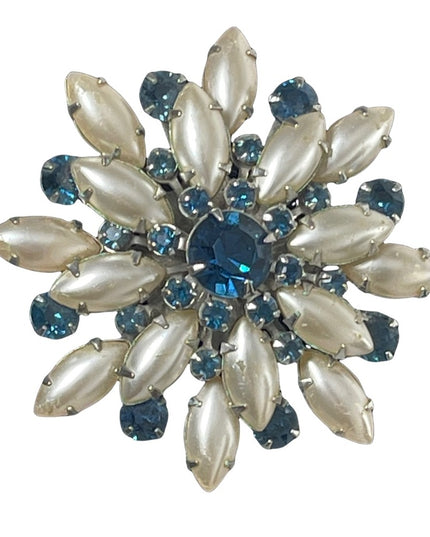 Vintage 1960s Large faux pearl & blue crystal flower brooch