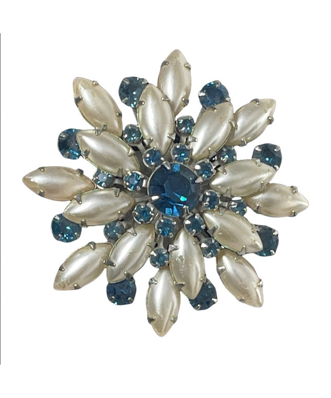 Vintage 1960s Large faux pearl & blue crystal flower brooch
