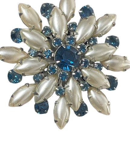 Vintage 1960s Large faux pearl & blue crystal flower brooch