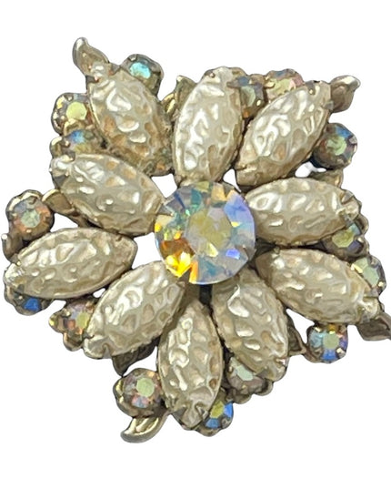 Vintage 1960s AB Crystal Faux pearl large flower fancy brooch
