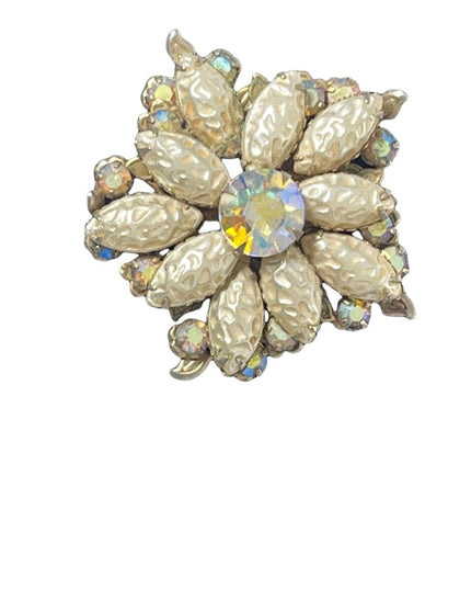 Vintage 1960s AB Crystal Faux pearl large flower fancy brooch