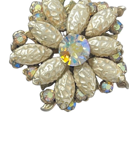 Vintage 1960s AB Crystal Faux pearl large flower fancy brooch