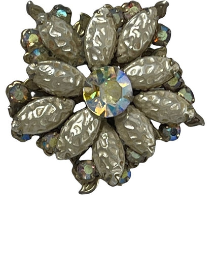 Vintage 1960s AB Crystal Faux pearl large flower fancy brooch