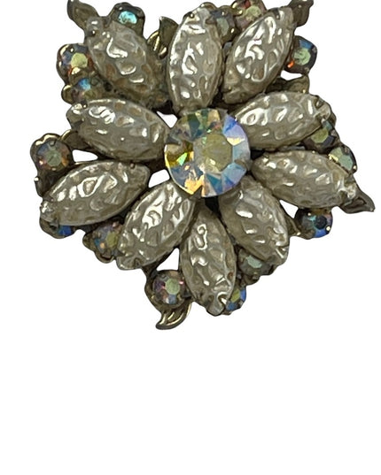 Vintage 1960s AB Crystal Faux pearl large flower fancy brooch