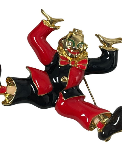 Fun’ Black & red enamel jumping clown circus gold finish brooch