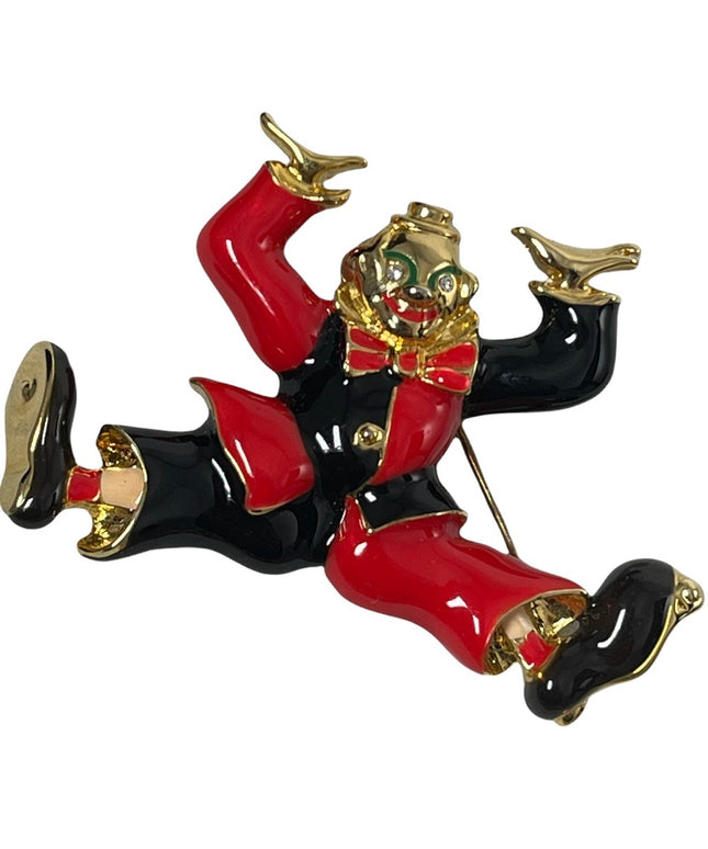 Fun’ Black & red enamel jumping clown circus gold finish brooch
