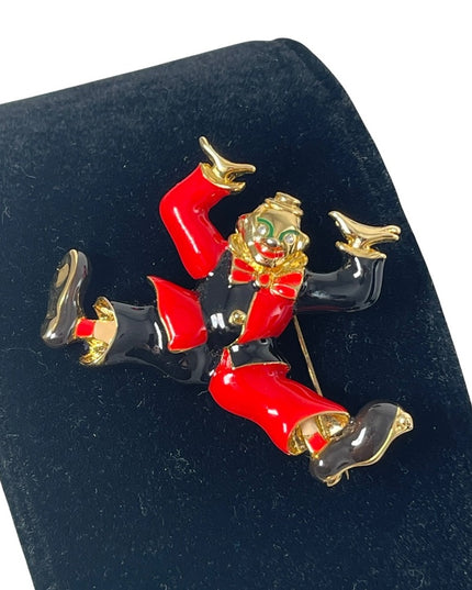 Fun’ Black & red enamel jumping clown circus gold finish brooch