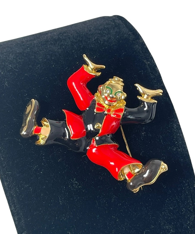 Fun’ Black & red enamel jumping clown circus gold finish brooch