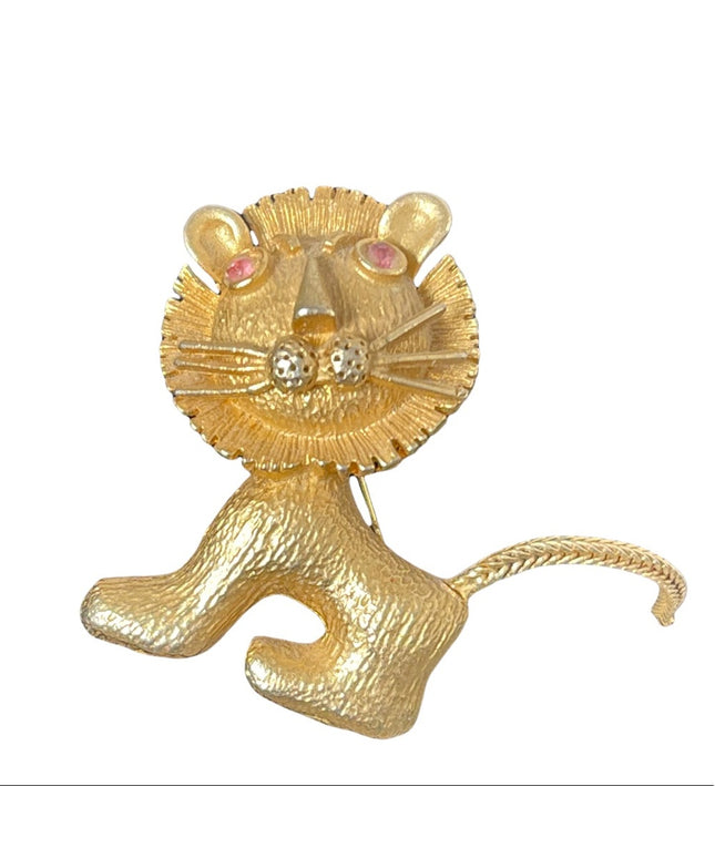 Vintage brushed gold finish leo lion whimsical pink crystal eye brooch