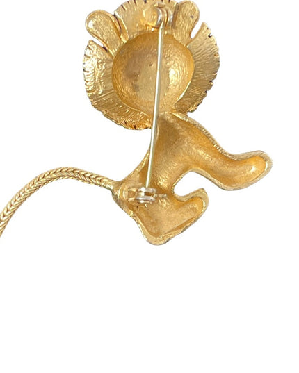 Vintage brushed gold finish leo lion whimsical pink crystal eye brooch