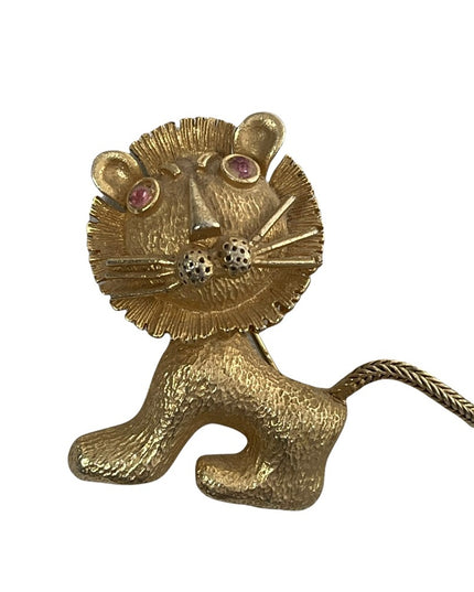 Vintage brushed gold finish leo lion whimsical pink crystal eye brooch