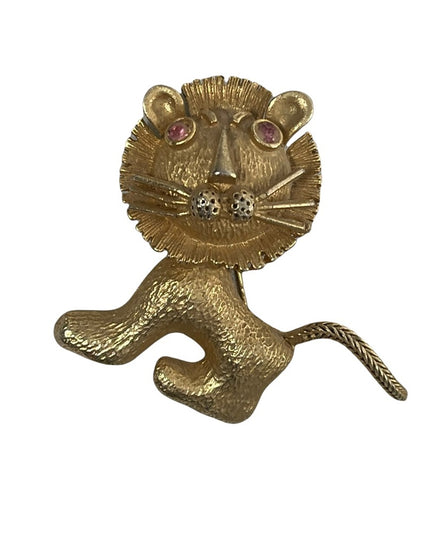 Vintage brushed gold finish leo lion whimsical pink crystal eye brooch