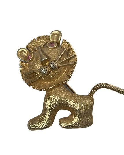 Vintage brushed gold finish leo lion whimsical pink crystal eye brooch