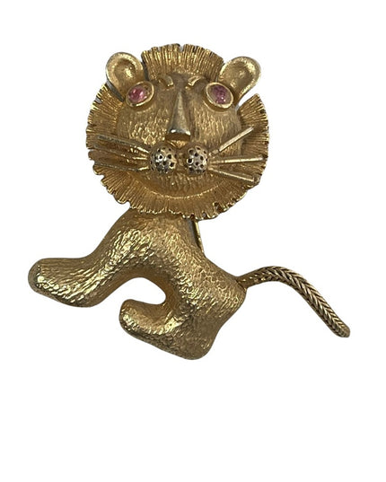 Vintage brushed gold finish leo lion whimsical pink crystal eye brooch