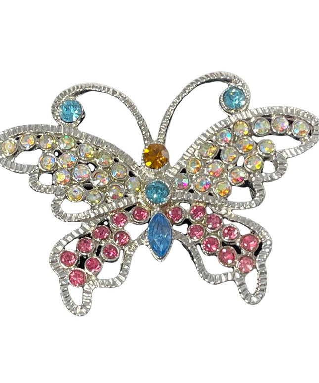 Silver multi color crystal large butterfly brooch