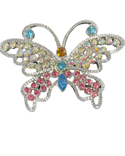 Silver multi color crystal large butterfly brooch