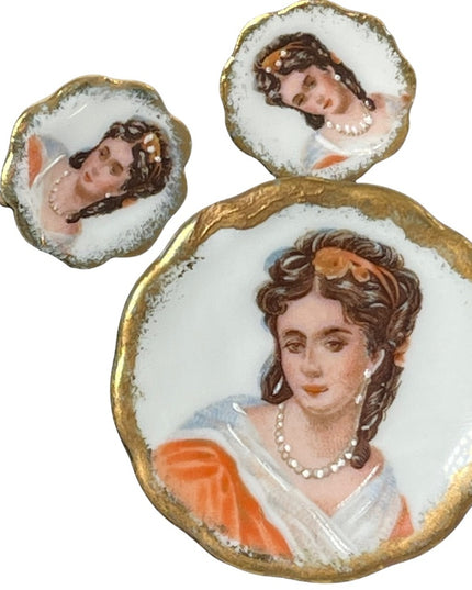 Vintage porcelain ceramic LIMOGES FRANCE screw back earrings & brooch SET