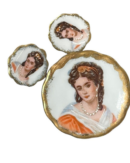 Vintage porcelain ceramic LIMOGES FRANCE screw back earrings & brooch SET
