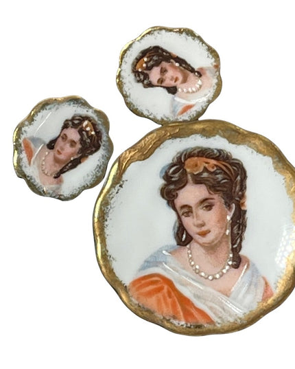 Vintage porcelain ceramic LIMOGES FRANCE screw back earrings & brooch SET