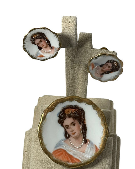 Vintage porcelain ceramic LIMOGES FRANCE screw back earrings & brooch SET