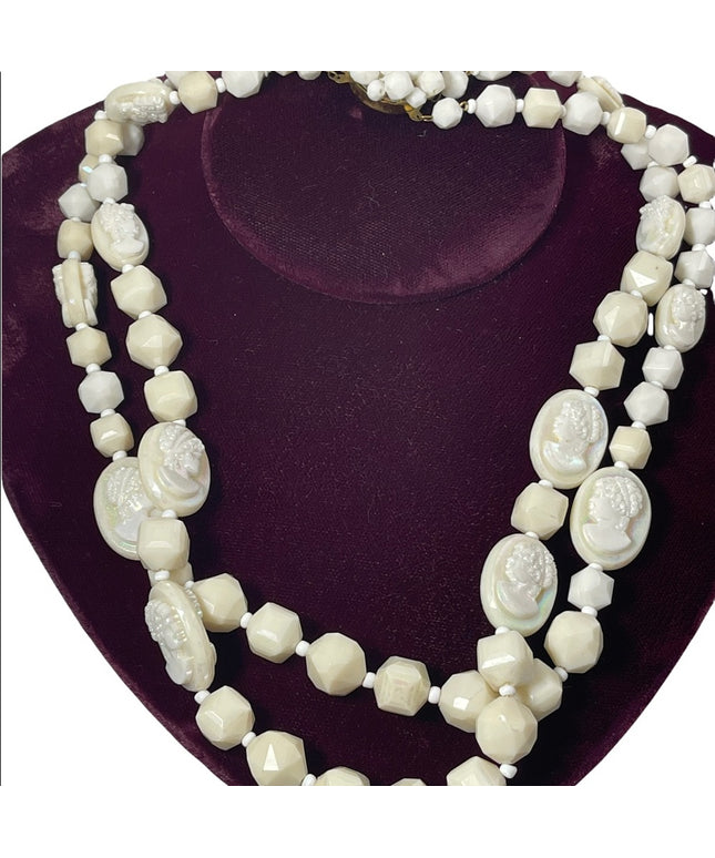 Vintage 1960s Lucite cameo beaded double necklace