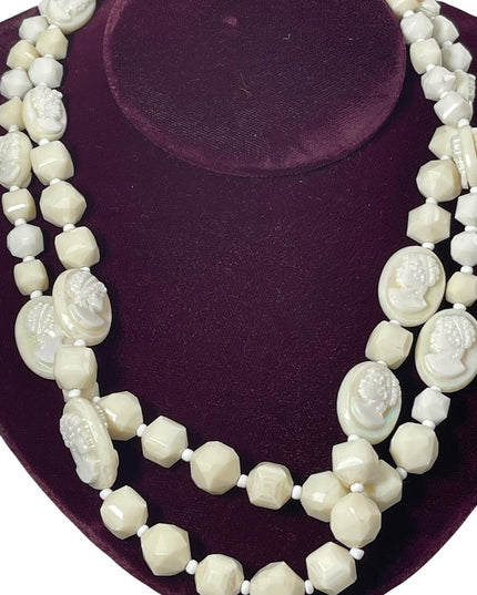 Vintage 1960s Lucite cameo beaded double necklace