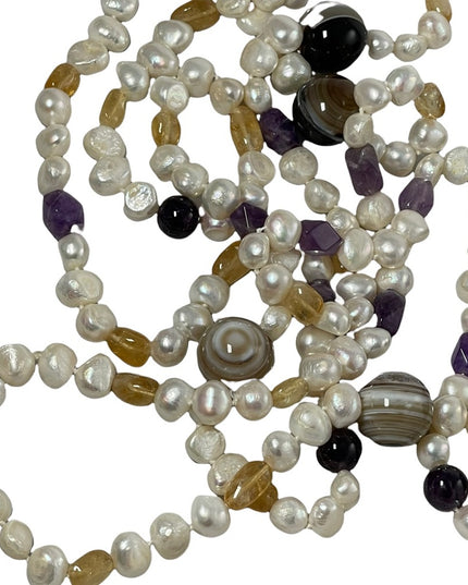Banded Agate Amethyst Citrine fresh water pearl HEAVY 64” Bead necklace stunning