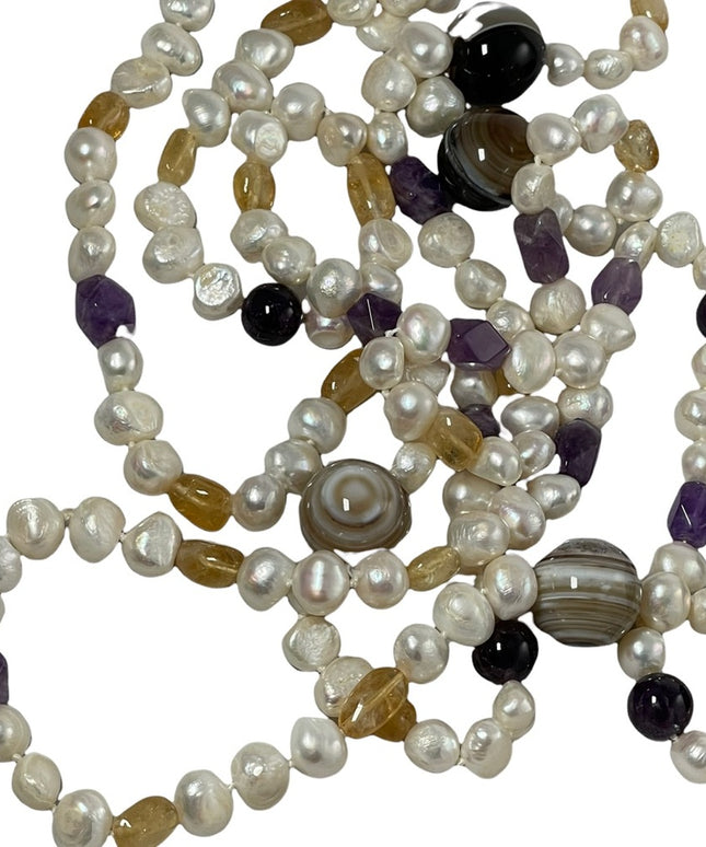 Banded Agate Amethyst Citrine fresh water pearl HEAVY 64” Bead necklace stunning