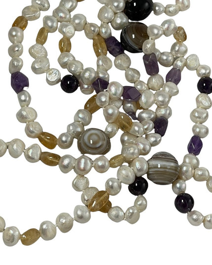 Banded Agate Amethyst Citrine fresh water pearl HEAVY 64” Bead necklace stunning