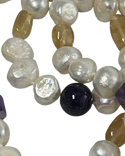 Banded Agate Amethyst Citrine fresh water pearl HEAVY 64” Bead necklace stunning