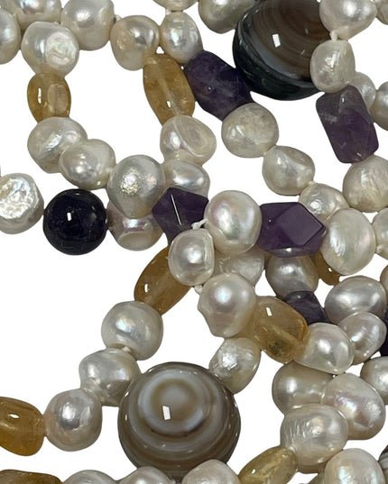 Banded Agate Amethyst Citrine fresh water pearl HEAVY 64” Bead necklace stunning