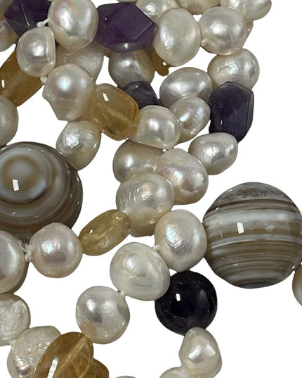 Banded Agate Amethyst Citrine fresh water pearl HEAVY 64” Bead necklace stunning