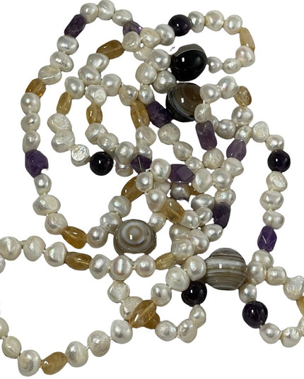 Banded Agate Amethyst Citrine fresh water pearl HEAVY 64” Bead necklace stunning