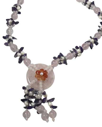 Amethyst Rose Quartz fresh water pearl chunky HEAVY Stone bead necklace