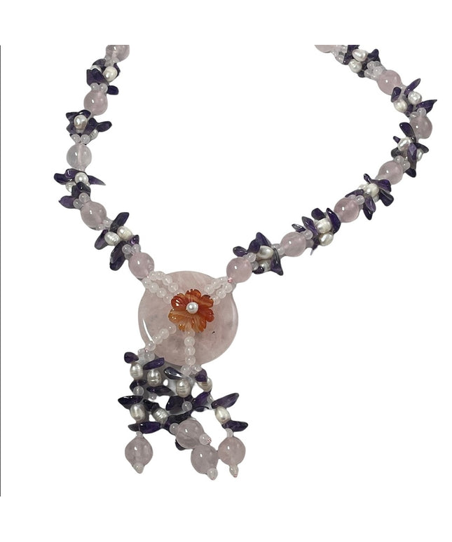 Amethyst Rose Quartz fresh water pearl chunky HEAVY Stone bead necklace