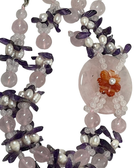 Amethyst Rose Quartz fresh water pearl chunky HEAVY Stone bead necklace