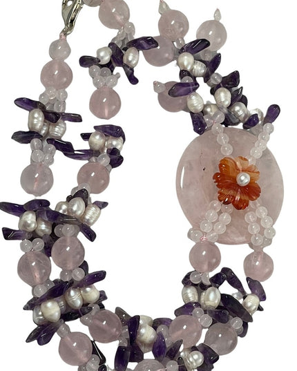 Amethyst Rose Quartz fresh water pearl chunky HEAVY Stone bead necklace