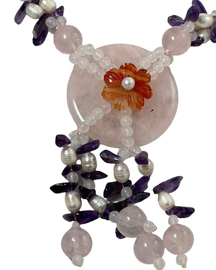 Amethyst Rose Quartz fresh water pearl chunky HEAVY Stone bead necklace